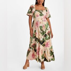 Express - Floral Puff-Sleeve Tiered Maxi Dress – Size S